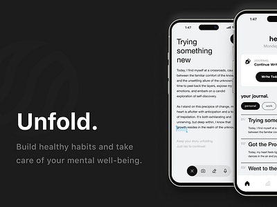 Unfold Journal: A Monochromatic App app design black and white branding clean design ios journal journal app journalling meditation mental health minimal minimalist mobile mobile app monocromatic notes notes app ui ux