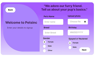 Signup page for petsinc