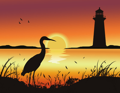A Story of A Heron and A Lighthouse adobe photoshop create vector art design digital art graphic design graphic designer heron illustration landscape lighthouse story sunset