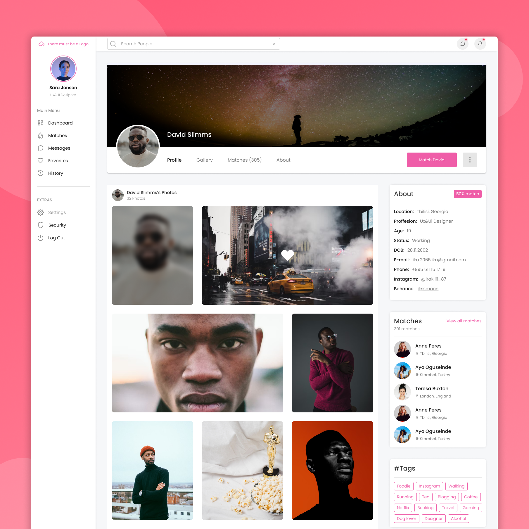 dating app - user profile clean dating dating app favorites list grid light matchmaking messaging online dating profile gallery profile picture simple social newtworking ui