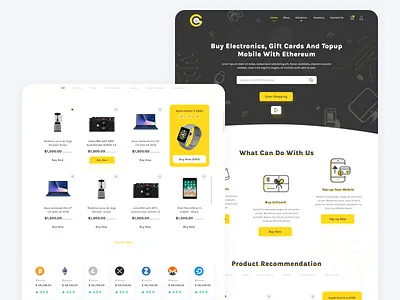 eCommerce Cryptomate - Homepage bitcoins browse clear crypto ecommerce header illustration landingpage lines products ui web website white space yellow