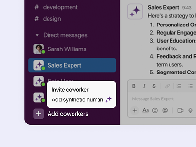 AI-Generated People in Slack ai assistant artificial intelligence chatgpt concept generate text generative ai improve writing llm shortcuts slack summarize synthetichumans syntheticusers workspace