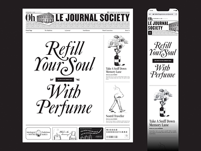 Le Journal Society - Layouts black and white editorial handdrawn interface journalism landing layout le labo mobile newspaper paper perfume retro typography ui website