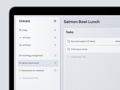 Ontrack - Small Project Organizer design desktop app desktop app ui elegant ui glassmorphism minimalist ui neomorphism notes app ui tasks app ui ui ui design