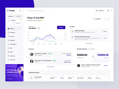 Tronex - Dashboard app branding clean dashboard design finance financing illustration interface logo navigation product progress sidebar toglas ui ui kit user interface ux widget