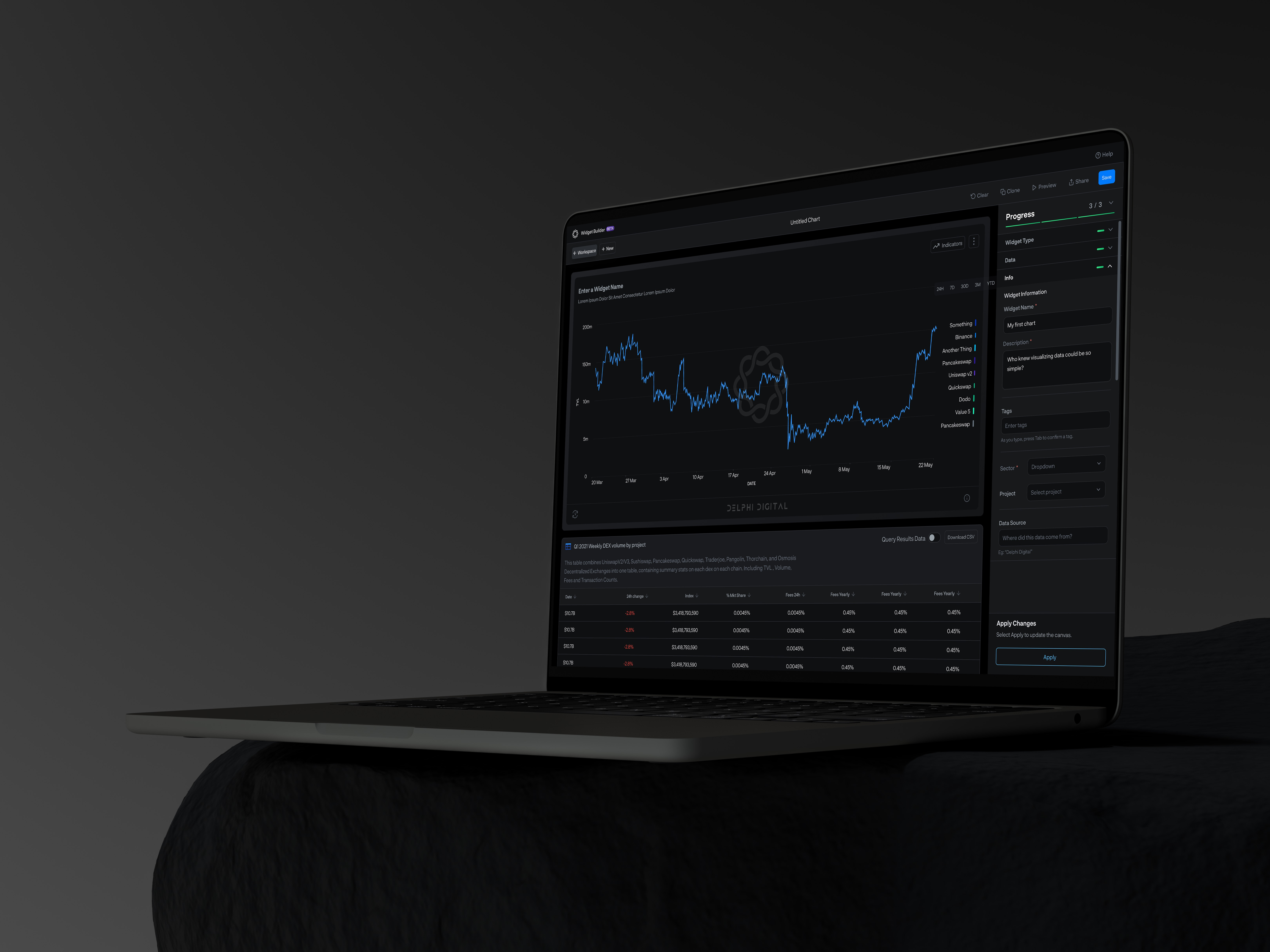 No Code Data Builder for Delphi Digital app design clean crypto chard crypto dashboard dark data builder data dashboard data design design modern no code builder product design ui ui design ux visualisation widget builder