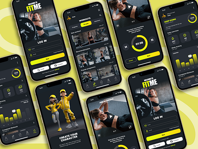 FitMe - Fitness Mobile App activity app application character dark design exercise fit fitness game gamification gym health mobile sport sports tracker ui ux yellow