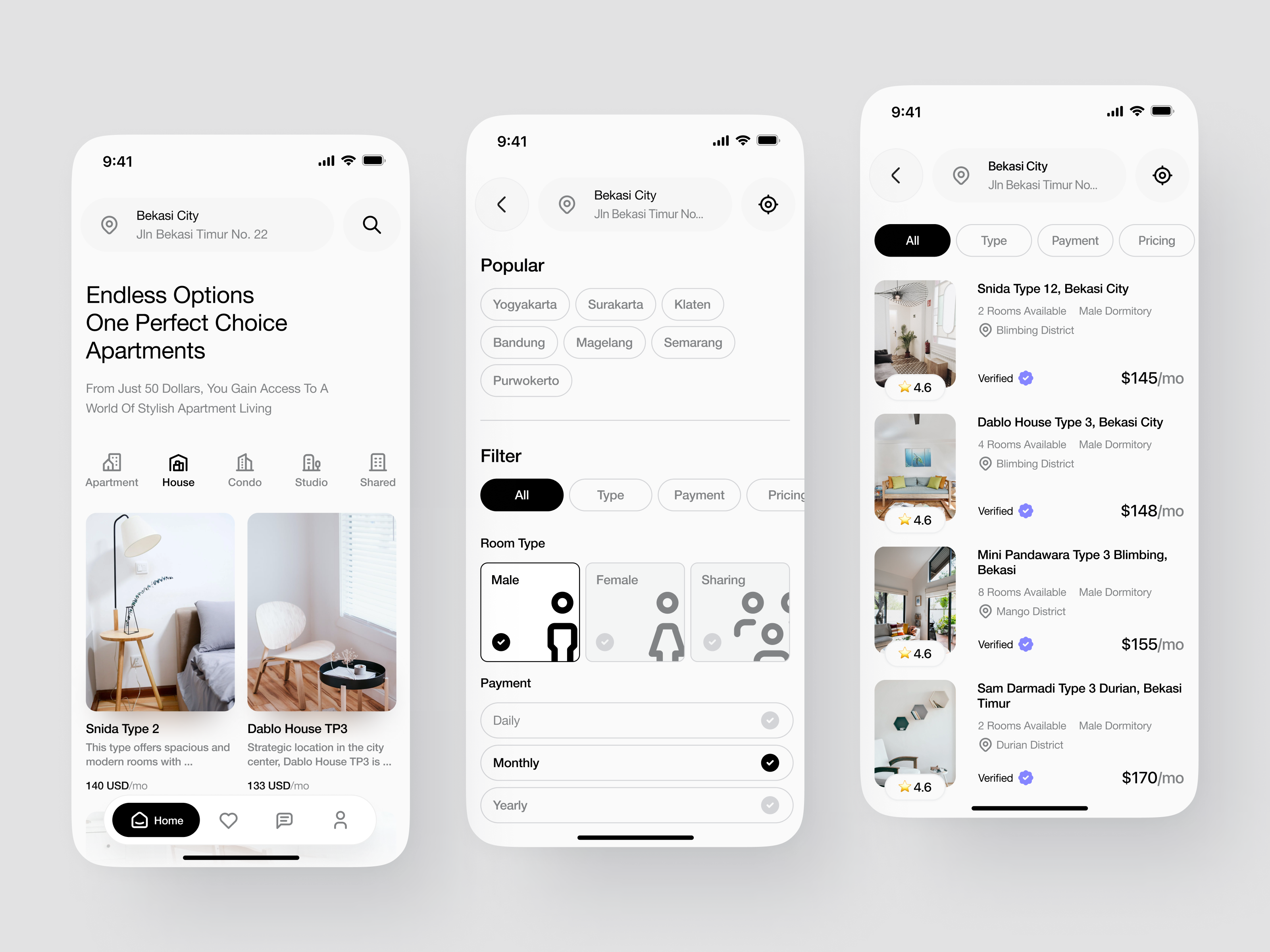 Papa Kost - Mobile Rental Apartment air bnb book booking buy category clean filter homepage layout minimalist mobile mobile apps pricing product design real estate real estate clean rent rental app rental real estate sort