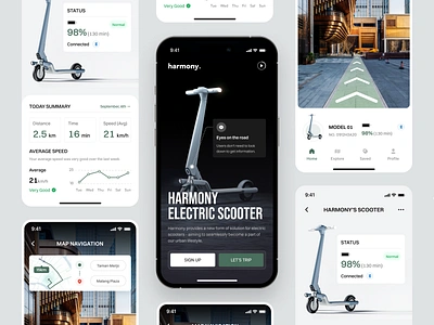 Harmony - Electric Scooter Mobile App ar e commerce app electric bicycle electric bike electric scooter gps map map navigation mobile app mobility service navigation app product application rental app riding app route scooter scooter app tracking app transportation app vehicle