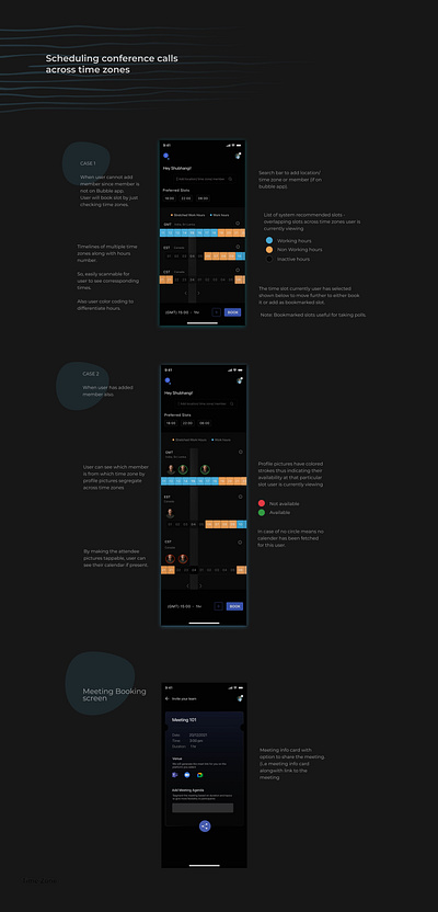 Meeting scheduler across multiple time zones for multiple people app bubble calendar meeting calender meeting scheduler time zones ui ux