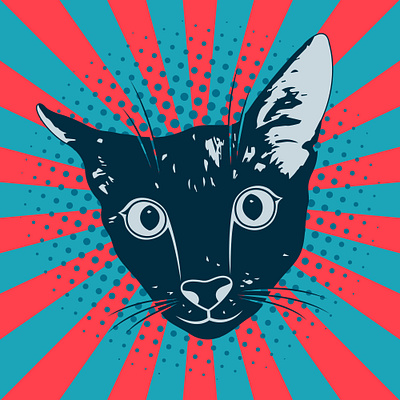 A vector cat in a pop art style, with a striped background blue red