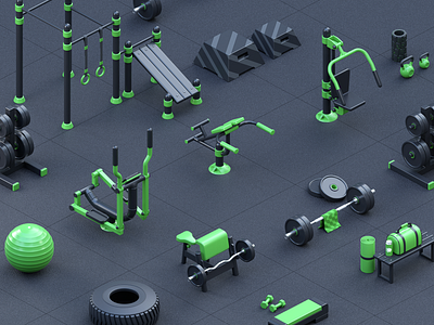 3D street gym set 3d blender cycles fitness graphic design gym icon illustration render set train weight