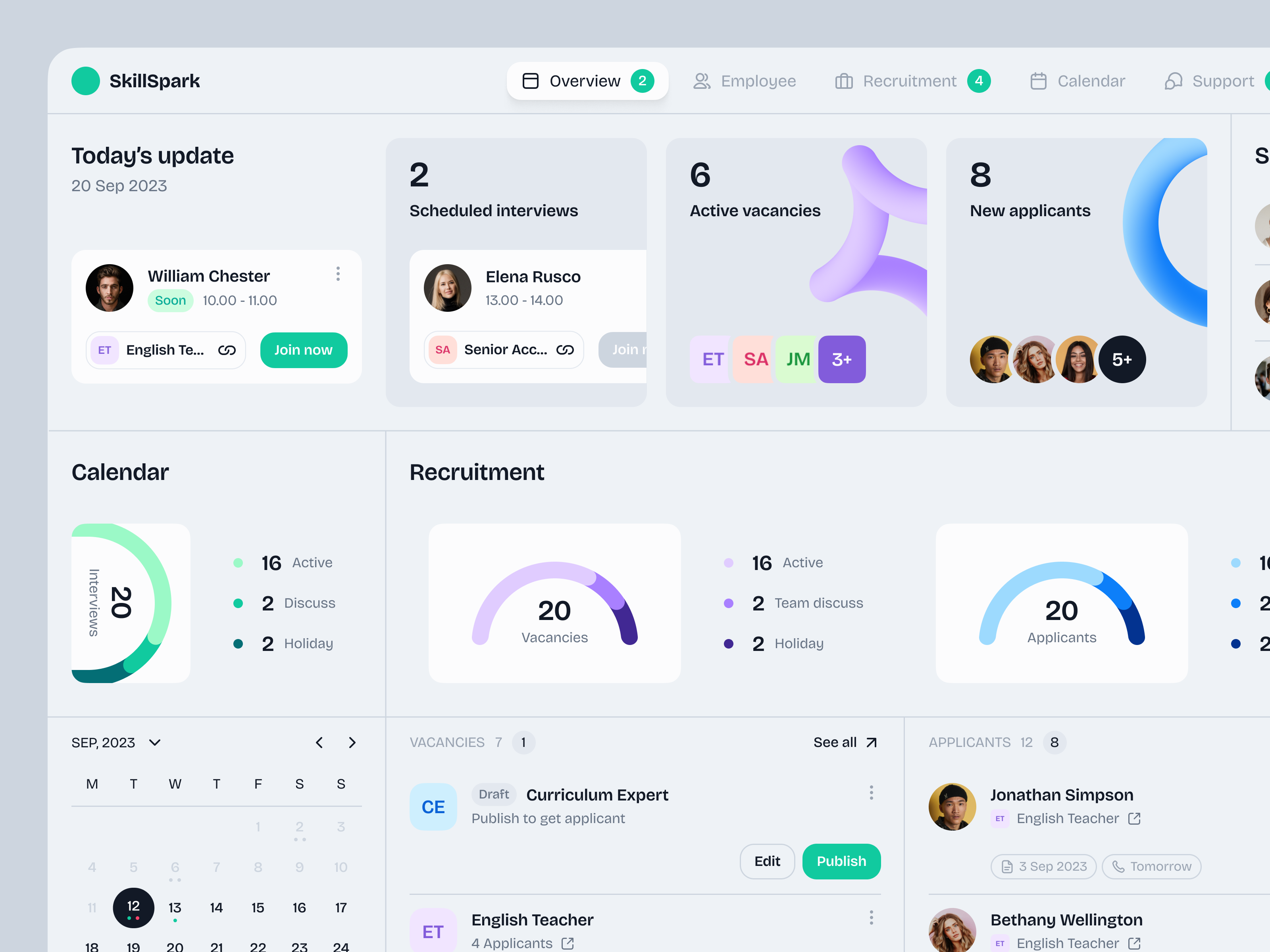 (WIP) SkillSpark - HR Software calendar chart crm dashboard desktop graphic design home homepage hr human resource interview job vacancy meeting overview saas startup ui uiux user interface ux
