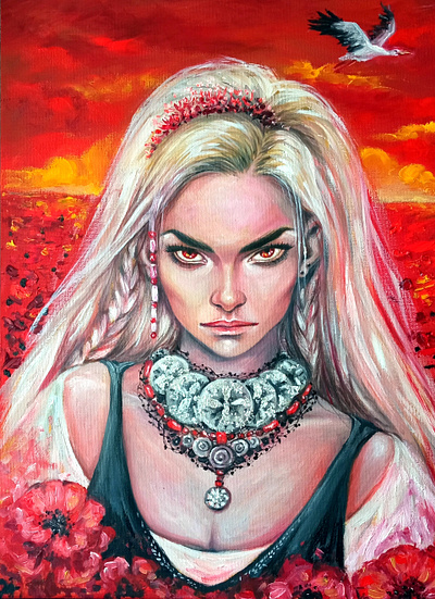 Ukrainian Portrait Woman, Necklaces and flower, Original oil art design girl hand painted original oil painting paint painting stop war war