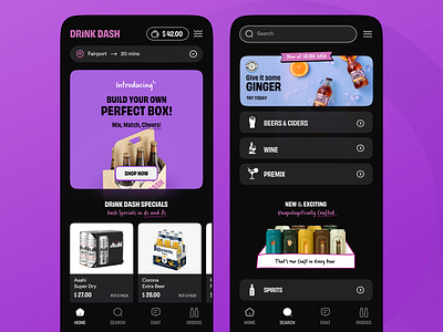 Drink Dash - Alcohol Delivery app beer cigarettes drizly grubhub instacart liquor minibar mixers mobile online store postmates saucey shop spirits tobacco uber eats ui ux wine