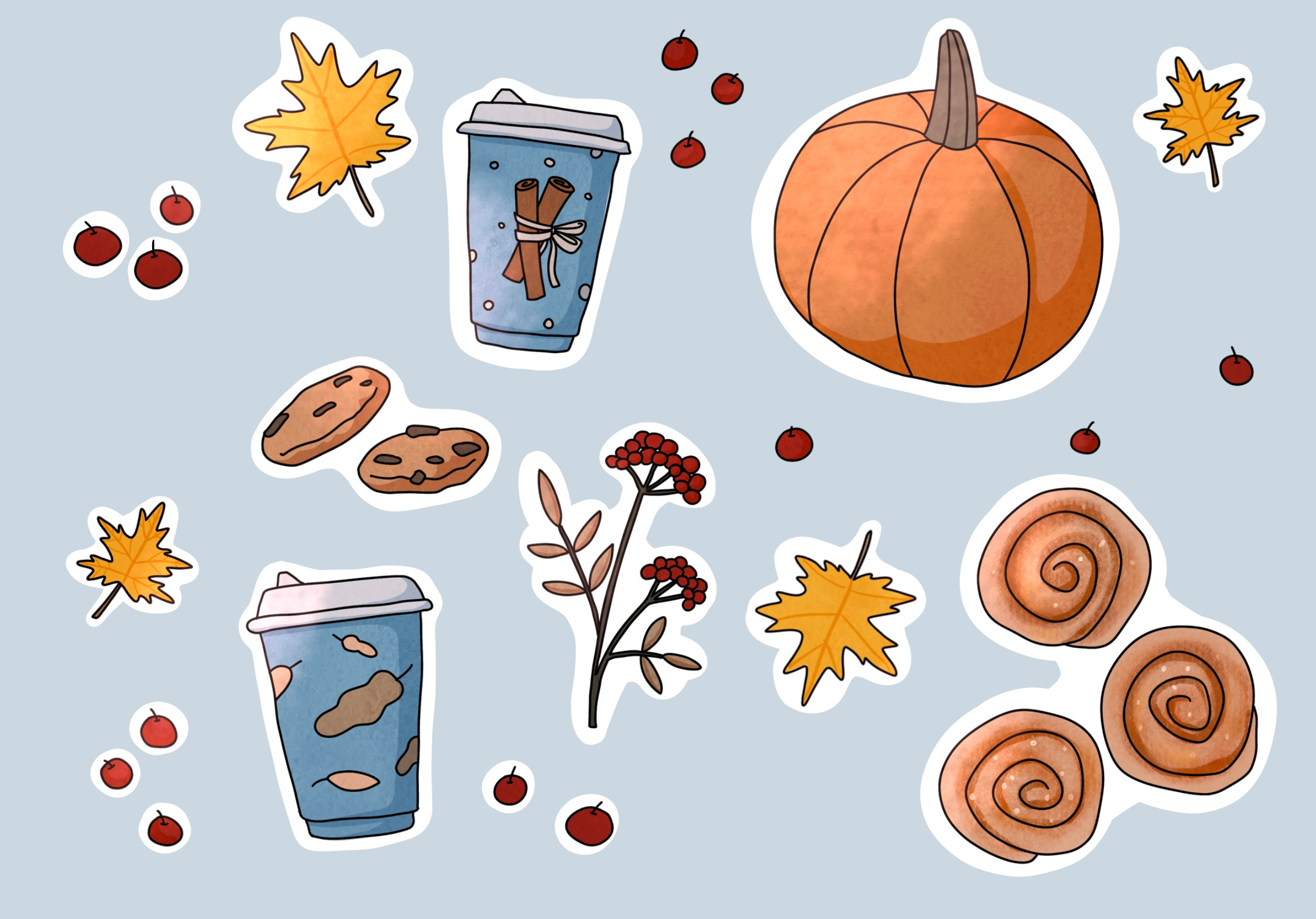 Autumn stickers autumn buns coffe digital illustration fall food illustration pumpkin stickers design stiickers
