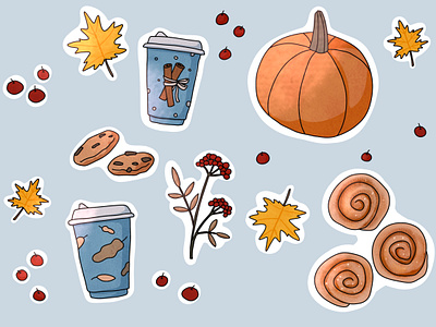 Autumn stickers autumn buns coffe digital illustration fall food illustration pumpkin stickers design stiickers