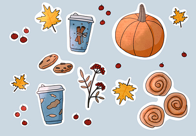 Autumn stickers autumn buns coffe digital illustration fall food illustration pumpkin stickers design stiickers