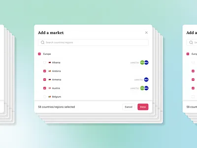 Multiple selection modal (adding a market) app checkbox exchange modal popup product return search ui web design