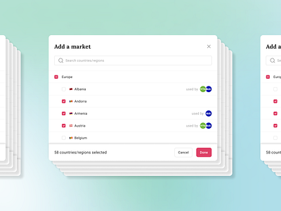 Multiple selection modal (adding a market) app checkbox exchange modal popup product return search ui web design