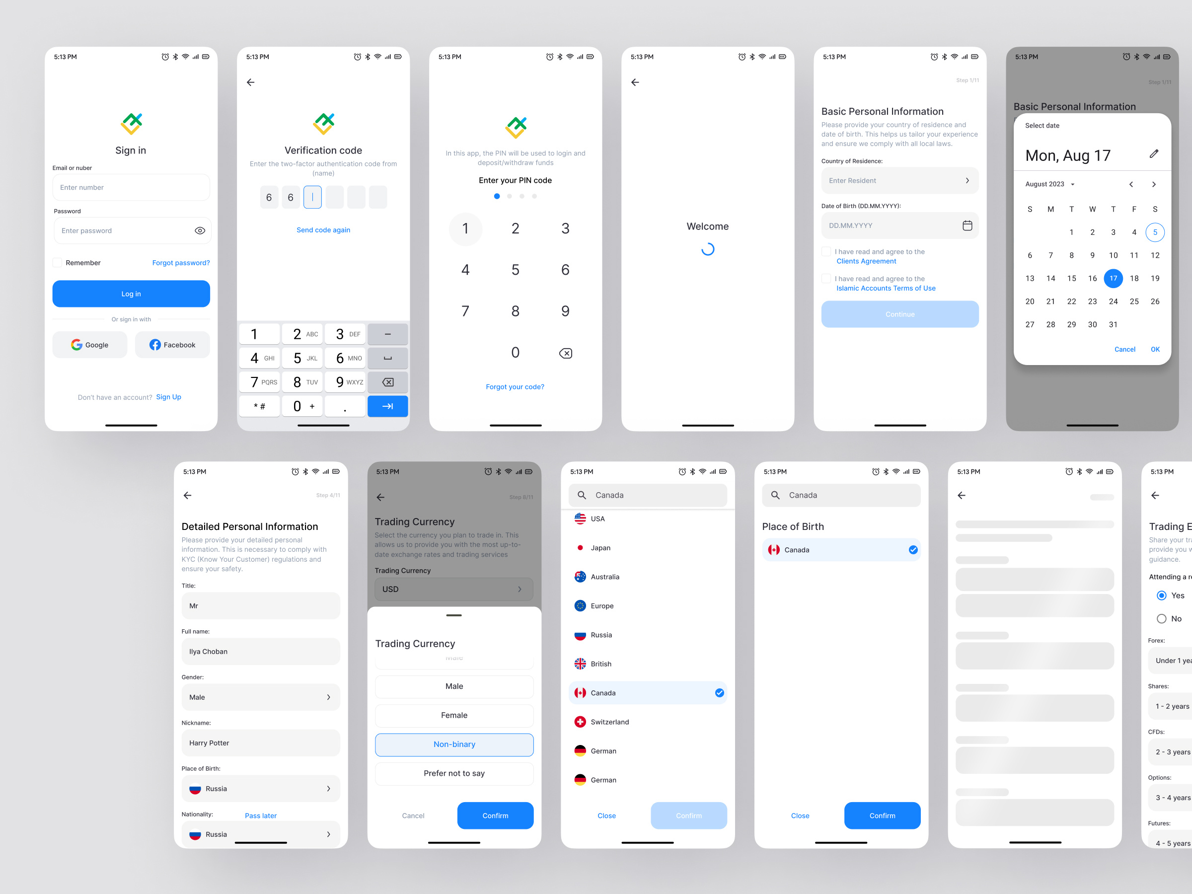 Example of Forex - Sign Up Screens