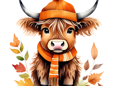 Watercolor highland cow autumn illustration illustration