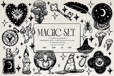 Magic Set clip art bundle card design cards contemporary art folk art graphic design hand drawing heloween illustration ink painting magic magical