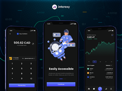 Mobile app - Crypto Exchanger android black blacktheme blue crossplatform cryptoapp cryptocurrency cryptoexchanger ios mobileapp mobileappdesign mobiledesign uidesign userexpierence uxdesign