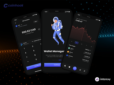 Cryptocurrency exchanger | Mobile app 3d animation app blacktheme blue branding crypto cryptoapp cryptocurrency design graphic design illustration logo mobileapp motion graphics ui white