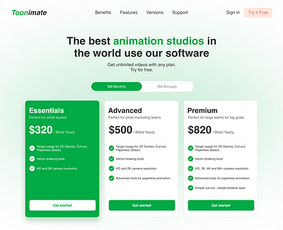 Toonimate Pricing Page Exploration branding design green landing page pricing ui ux