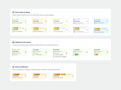 Warehouse Calendar Cards 🗓️ berlin calendar components delay design system drag and drop events logistics management modify oslo product design schedule supply chain time ui ux vendor warehouse wms