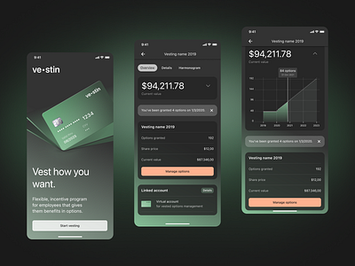 Vestin - incentive program for employees branding darkmode fintech flat mobile native app ui ui design