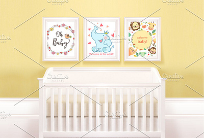 Frame mockups with child crib poster mockup