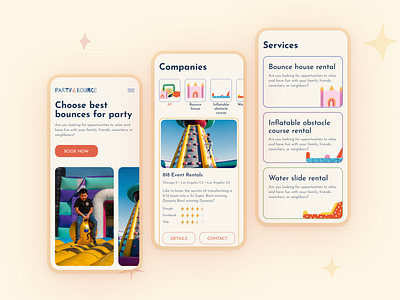 Party Equipment Rental Marketplace | Mobile screens bounce company concept eventrentals home illustration kids logo mobile partyplanning services startup ui ux