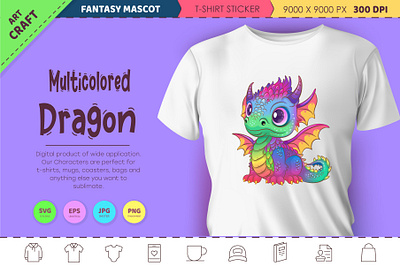 Multicolored dragon. Fantasy clipart. cartoon character clipart dinosaur dragon fantasy gradient illustration mascot reptile sticker t shirt vector