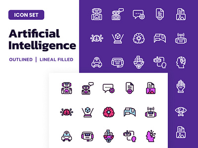Artificial Intelligence Icon Set ai artificial intelligence coloured data icon icon design icon set line art lineal fill minimalist outline robot stroke stylized