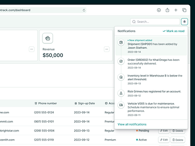 Notification - Shipment Management Admin Dashboard Saas Webapp admin app design cargo component dashboard delivery inventory logistics modal notification pop up product design saas shipment shipping table tracking ui component warehouse webapp