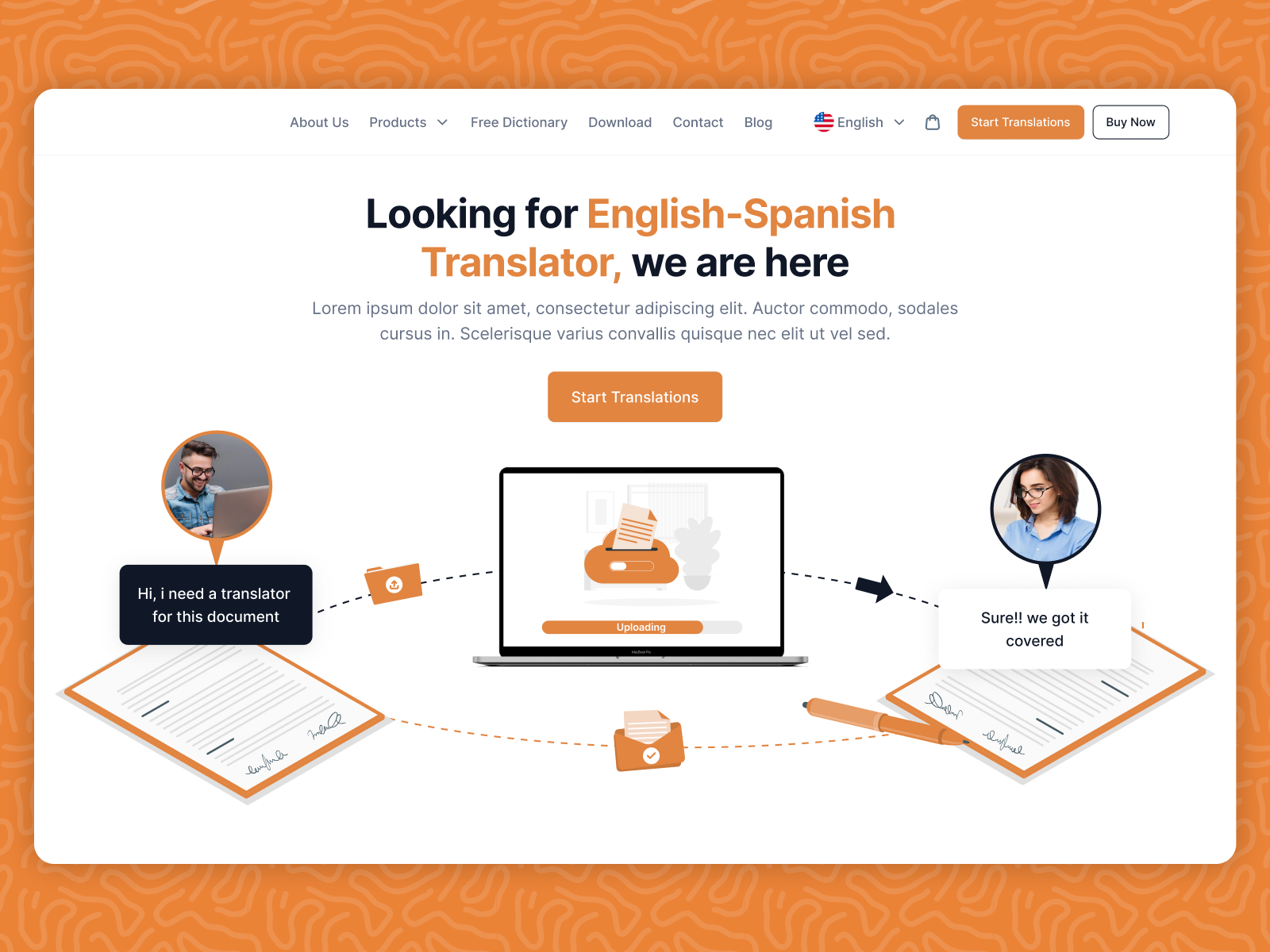 Translator Website Landing page branding design graphic design hero section illustration landing page logo modern website orange orange website translator ui uiux web design word magic