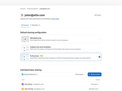 Attio – Email Sharing Settings attio cards clean crm email inbox email settings feature illustration interactions members minimal user centered plans radio selection sharing ui ux visual design