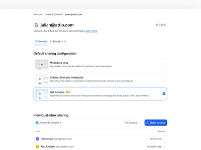 Attio – Email Sharing Settings attio cards clean crm email inbox email settings feature illustration interactions members minimal user centered plans radio selection sharing ui ux visual design