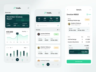 Mobile Invoicing App android app clean design fireart green invoice ios light mobile ui ux