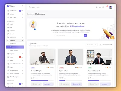 Courses - Vuexy Design System academy admin alert analytics button card chart component course crm dashboard dropdown ecommerce education figma layout logistics menu search uikit