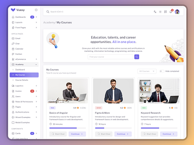 Courses - Vuexy Design System academy admin alert analytics button card chart component course crm dashboard dropdown ecommerce education figma layout logistics menu search uikit