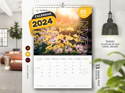 Wall Calendar 2024 Template modern calendar