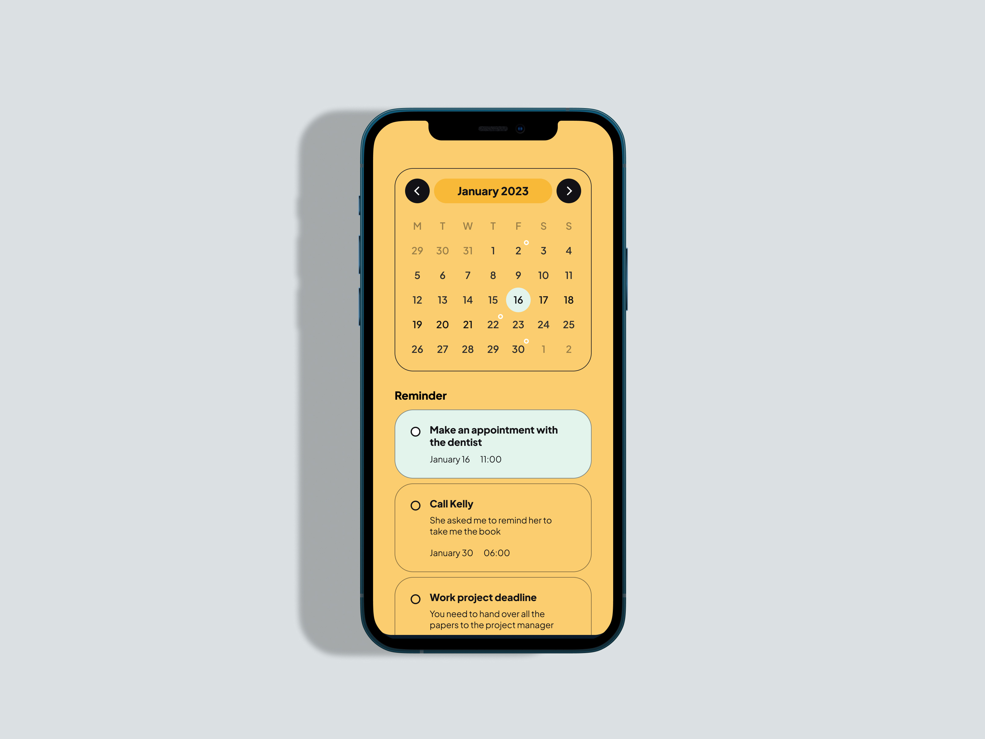 A simple calendar design displaying the current month & date aplication app calendar design dribbble graphic design hype4academy illustration logo mobile mobile app mobile calendar app monile applycation planer uicalendar uidesign uiux ux web yellow