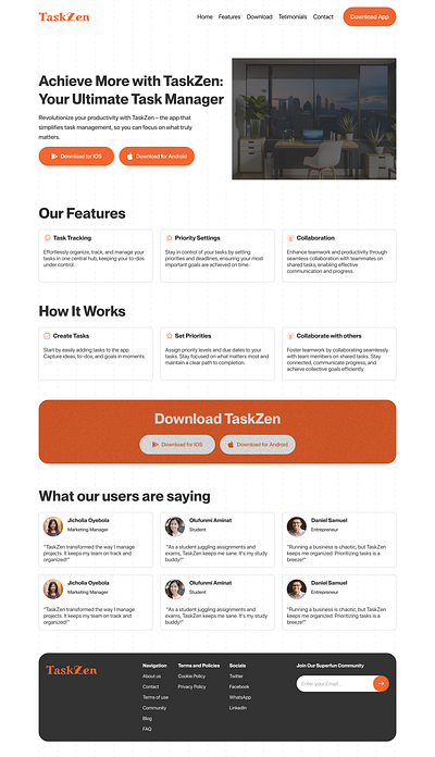 TaskZen - A productivity app Landing Page minimal ui