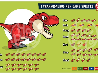 Tyrannosaurus Rex Game Sprites 2d android animation assets cartoon character design dinosaurs game graphic illustration ios side scroller sprites templates tyrannosaurus vector