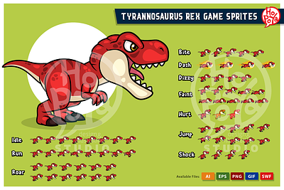 Tyrannosaurus Rex Game Sprites 2d android animation assets cartoon character design dinosaurs game graphic illustration ios side scroller sprites templates tyrannosaurus vector
