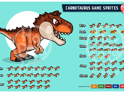 Carnotaurus Game Sprites 2d android animation assets carnotaurus cartoon character design dinosaurs game graphics illustration ios side scroller sprites templates vector