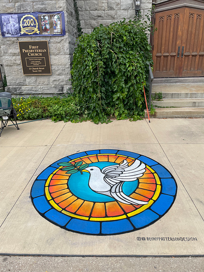 Stained Glass Dove Chalk Mural analog art bird branch bright color chalk chalk art chalk mural church dove hand drawn lockport mural original concept peace sidewalk chalk soft pastel spirit stained glass stained glass window white bird